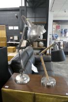 2 angle poised style lamps, 1 wooden and 1 stainless steel