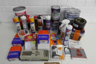 +VAT Quantity of various fixings, fastenings, paint, tapes, wood filler, water seal, screw wall