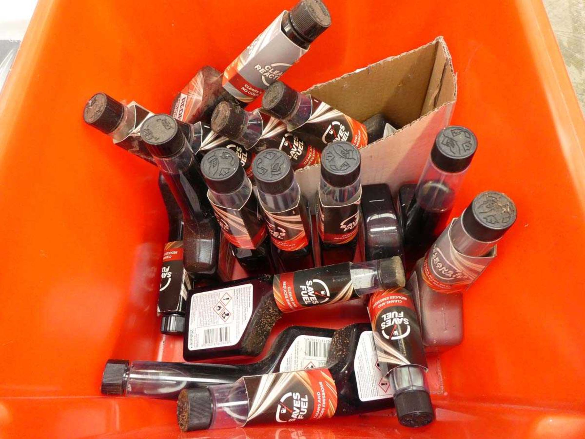 Crate containing 250ml bottles of Redex diesel particulate filter cleaning