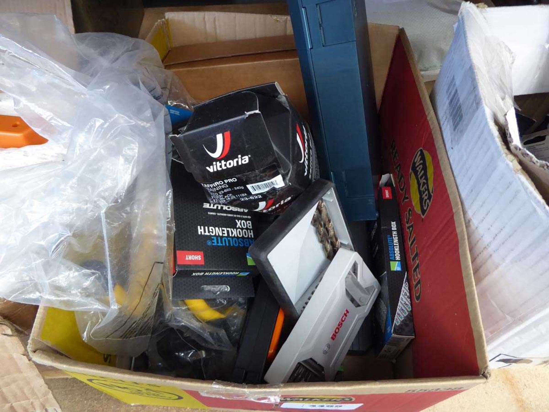 +VAT Box containing a light, fishing wire, inner tubes, drill bits etc