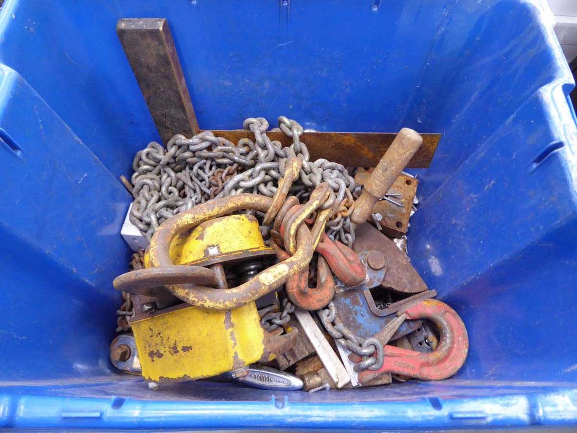 Box containing chain hoist, nails, small tools and box of saw blades