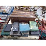 Pallet of assorted tools including jigsaw, drill, vintage wooden and metal trunk and other tools