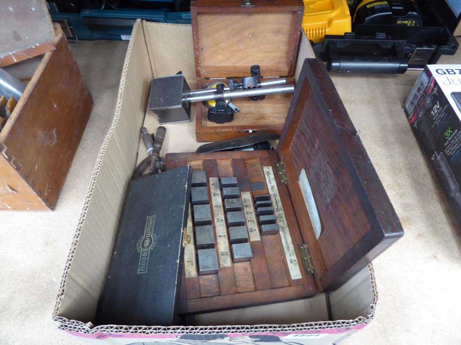 Box containing micrometer, slip gauges, dial gauge etc