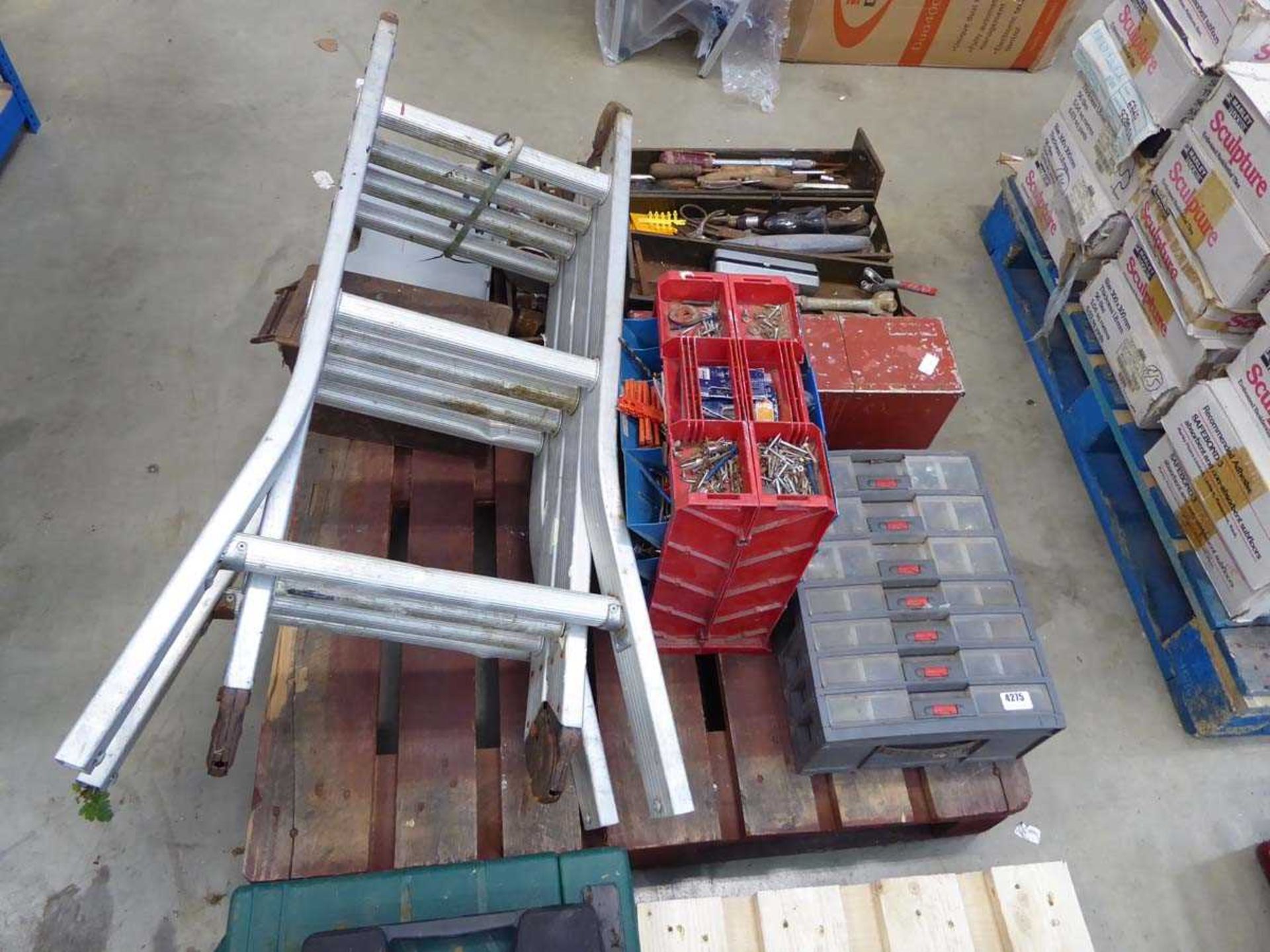 Pallet containing screw boxes, tools, toolbox, fold out ladder etc