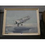 Oil on canvas depicting a biplane