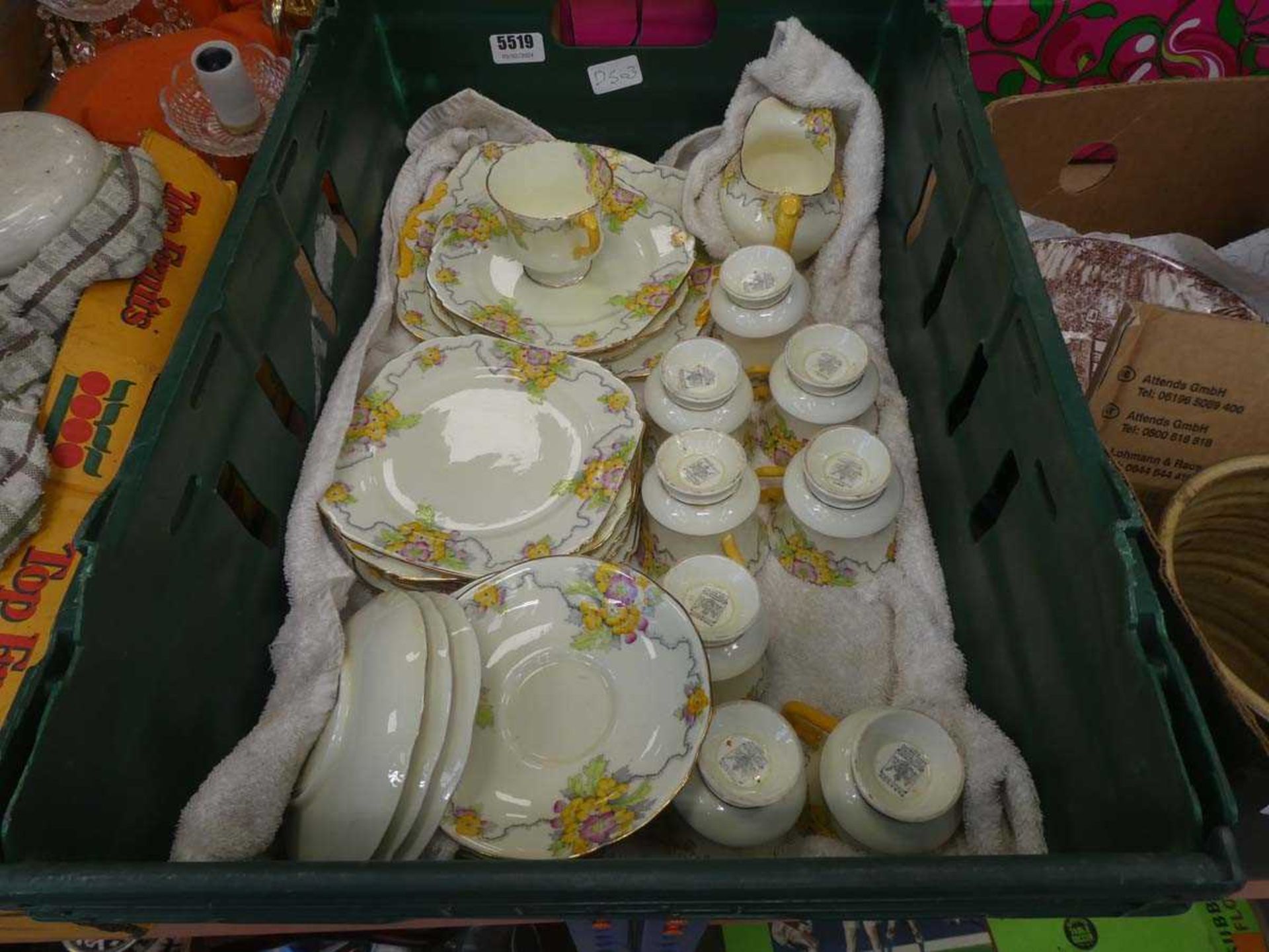 Box containing a qty of a Paragon floral pattern crockery