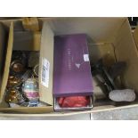 Box containing Japanese export crockery, cobblers last, mincing machine and a miniature toy tea set