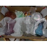Box containing a collection of Murano style glassware plus macaw patterned salt and pepper set