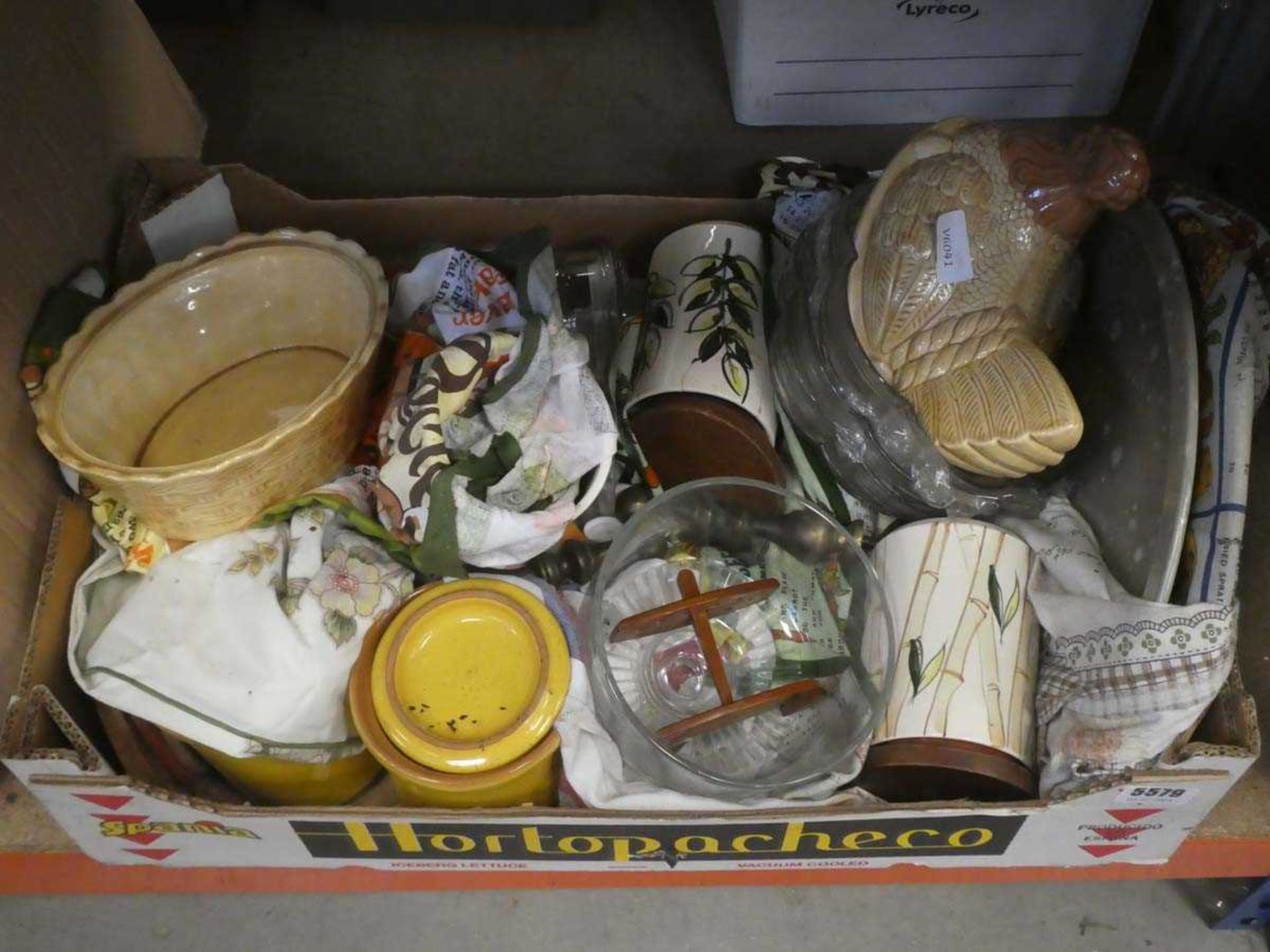 Box containing an egg basket, plus glassware and kitchen storage vessels