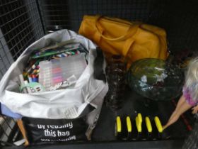 Cage containing children's crayons and felt tipped pens, Marmite toast rack, glassware and a