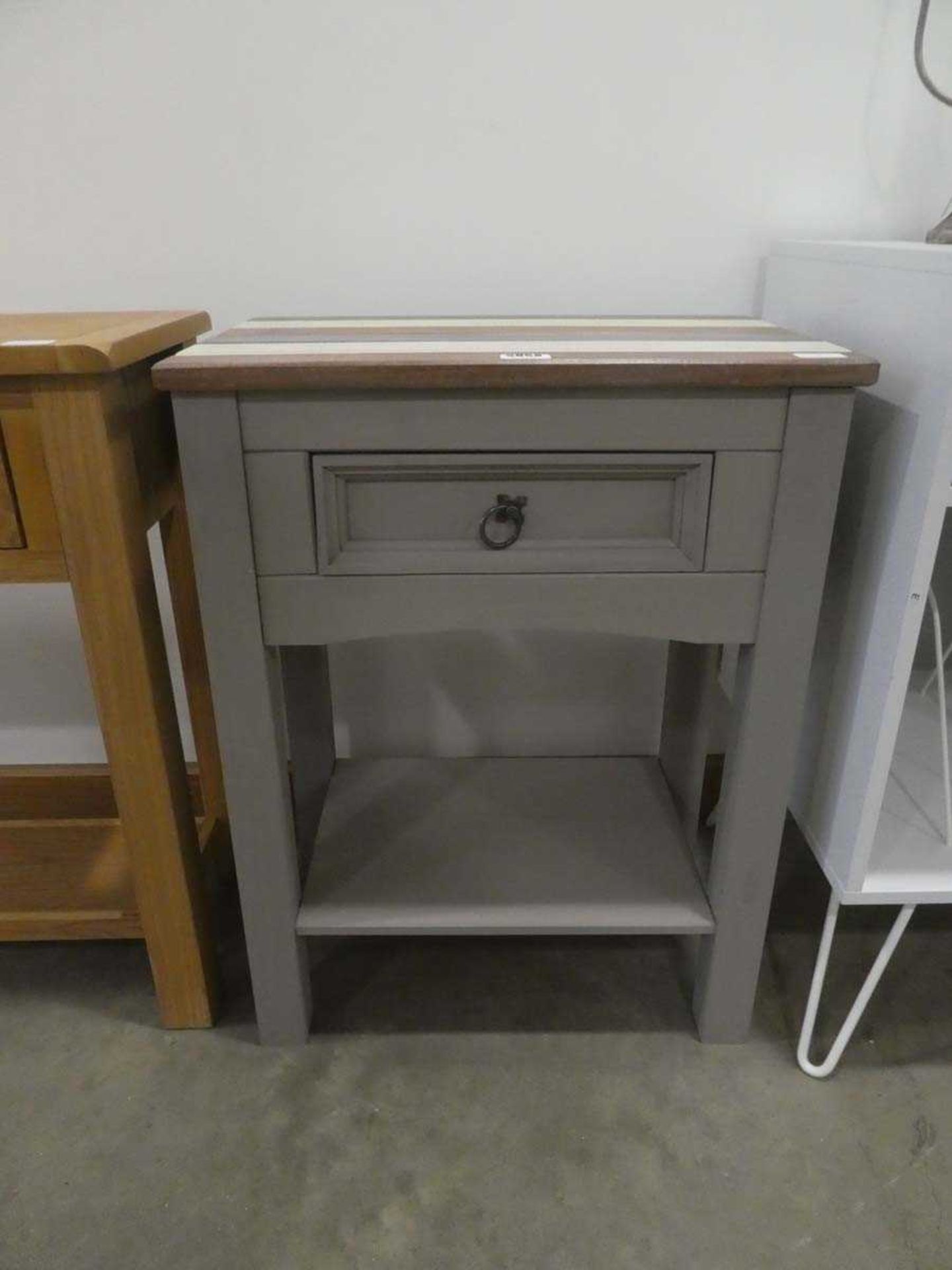 Grey painted side table with drawer and shelf under