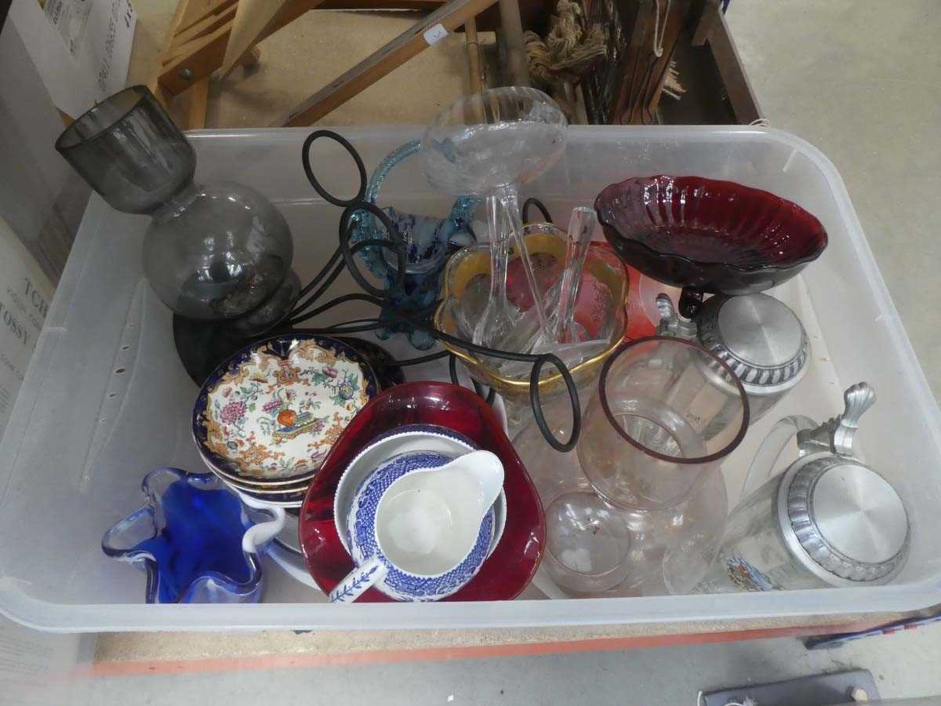 Box containing blue and white floral patterned crockery plus selection of beer steins and glassware