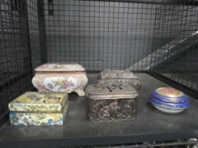 Cage containing five porcelain and other trinket boxes