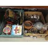 2 x boxes containing children's toys, brassware, ornamental cottages and an oil lamp