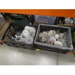 Two boxes containing Le Creuset teapot, various water jugs plus Inkberry and Biltons crockery