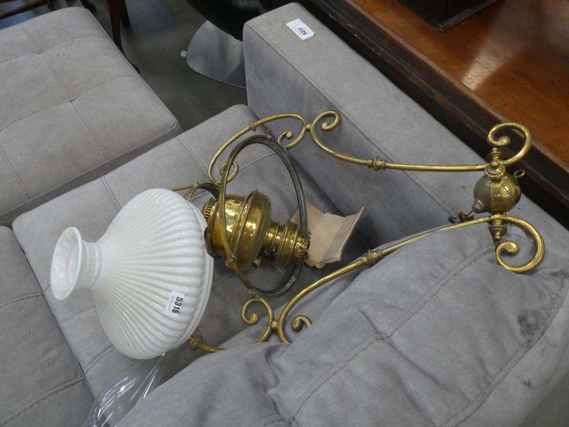 Brass hanging oil lamp with shade (as found)