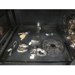 Cage containing silver plated pin dishes, cake plate, ashtrays, napkin rings, loose cutlery and a