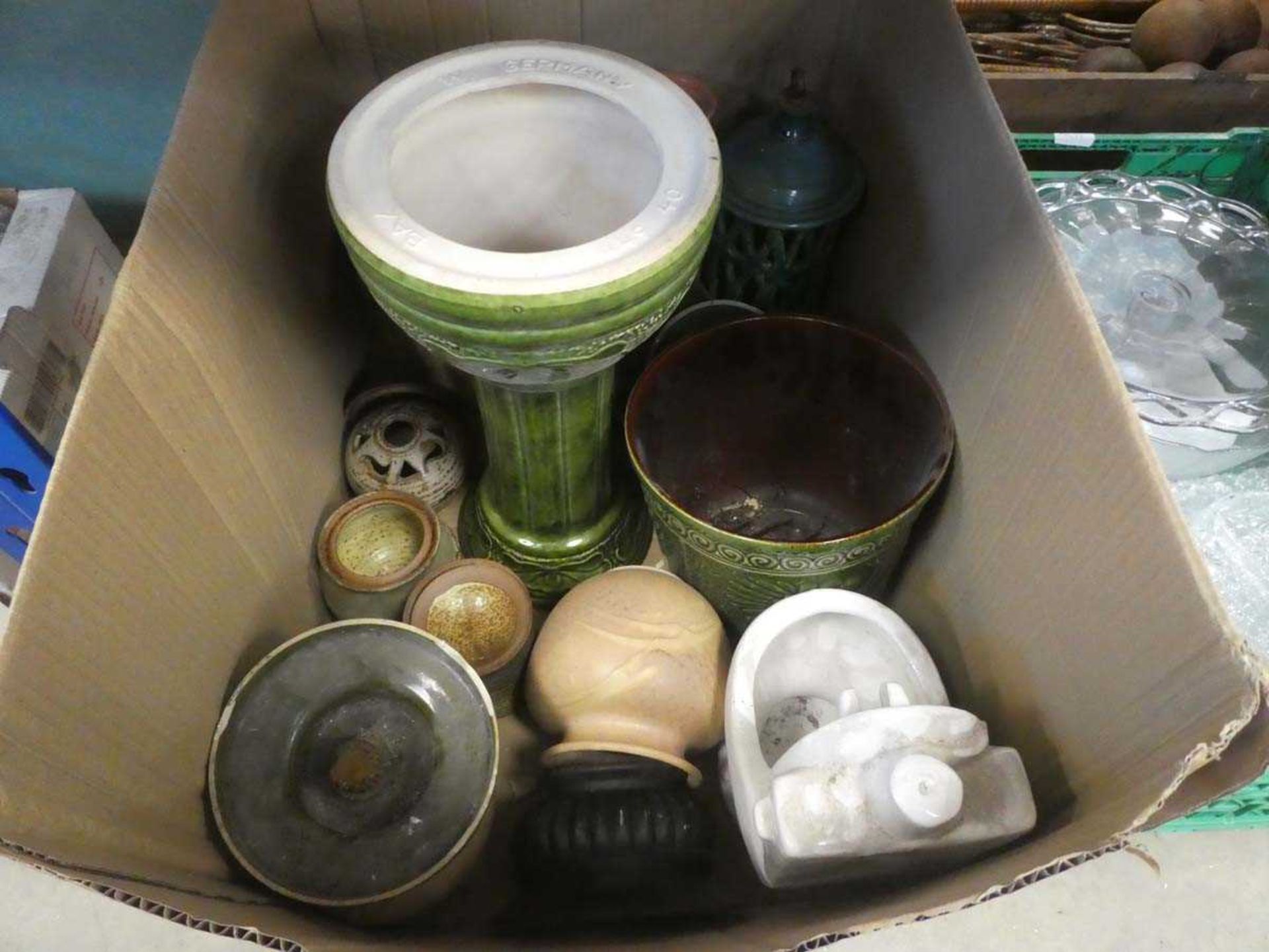 Box containing a jardiniere, kitchen storage vessels and studio pottery