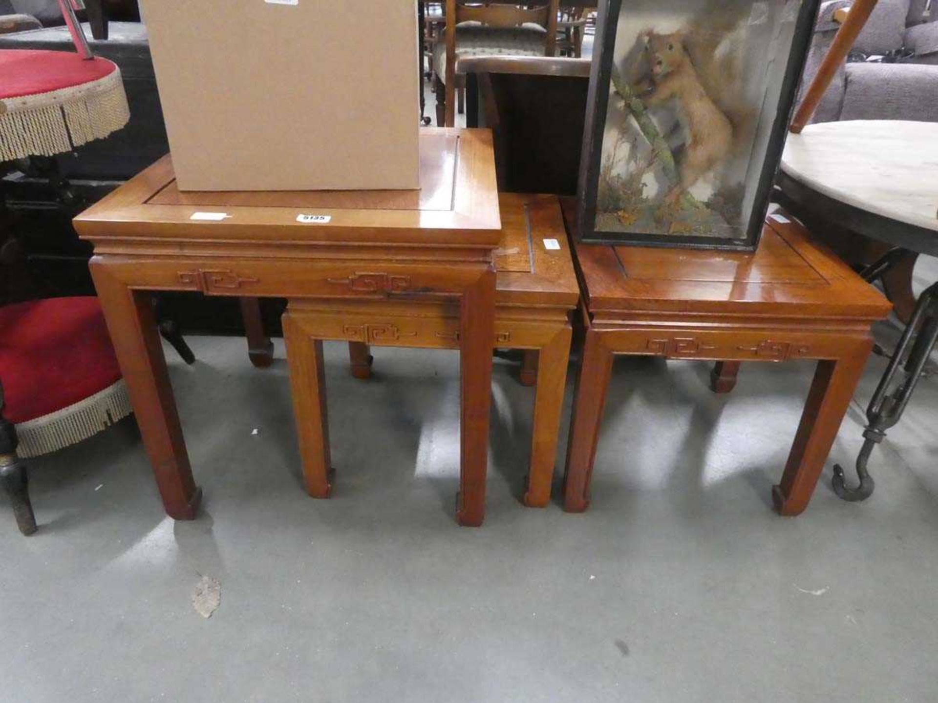 Chinese inspired lamp table plus a matching associated pair - Image 2 of 2