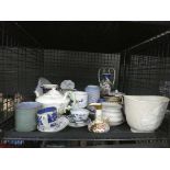 Cage containing Edwardian and later crockery plus cups and saucers and commemorative ware