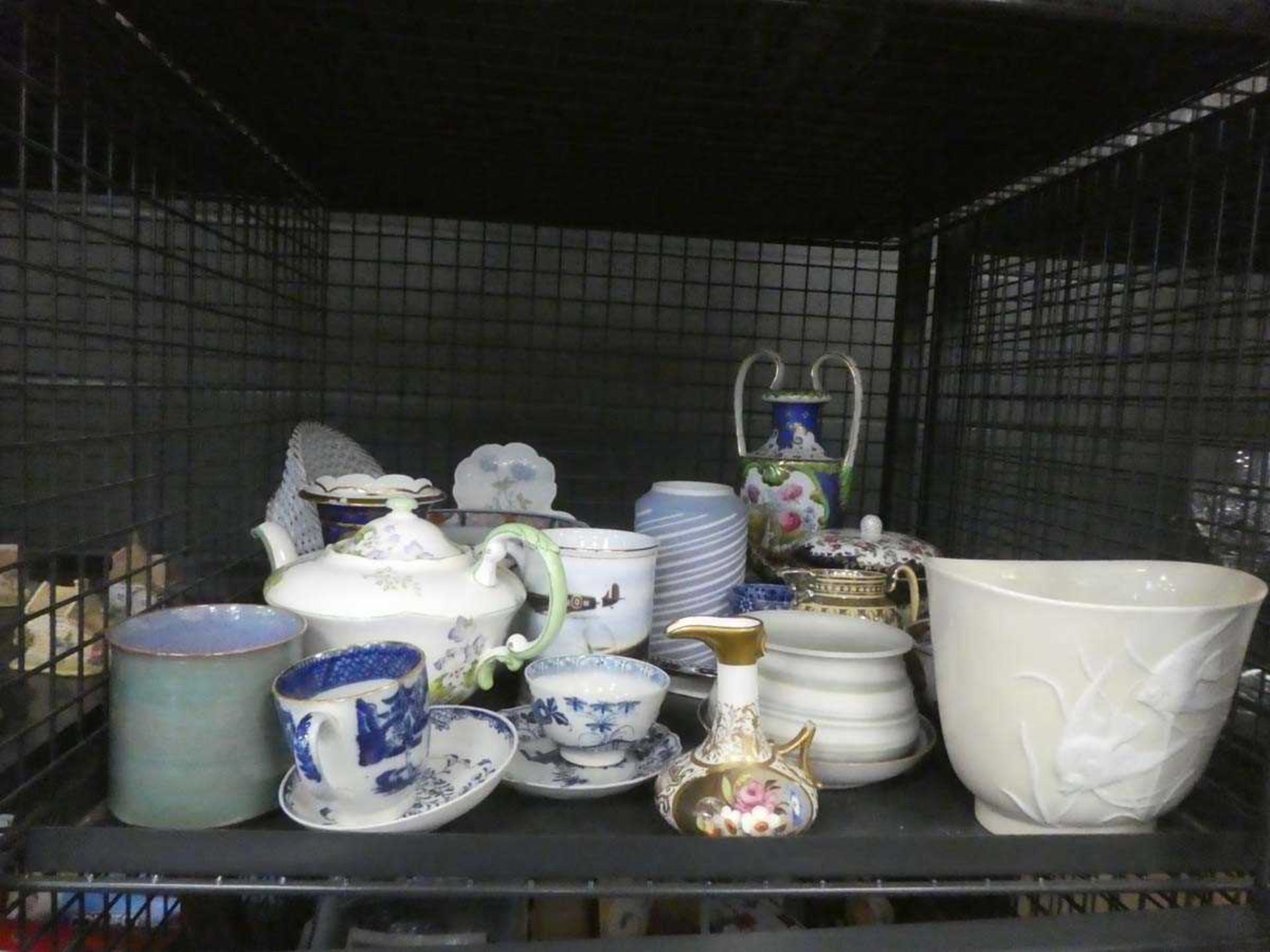 Cage containing Edwardian and later crockery plus cups and saucers and commemorative ware