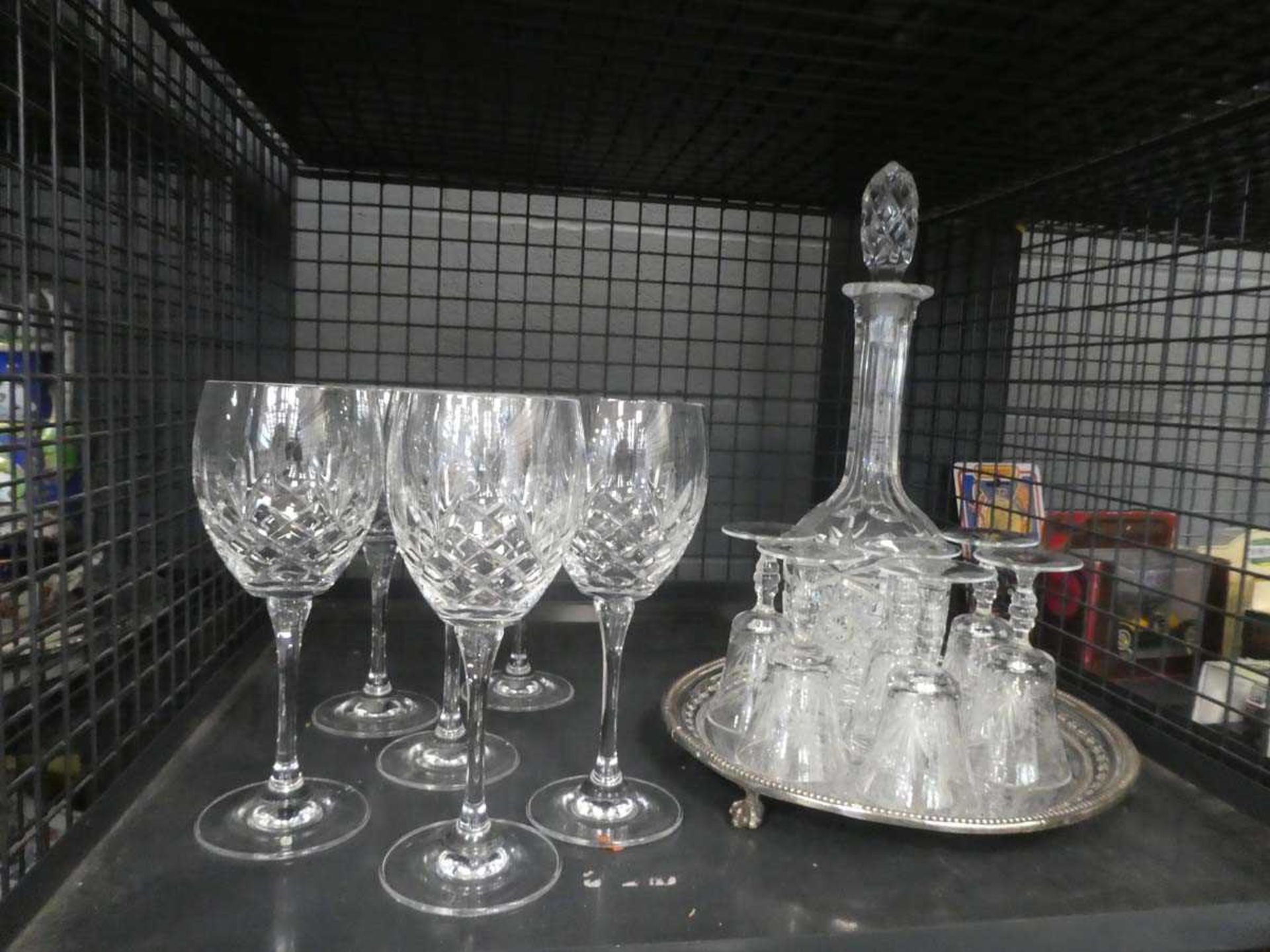 Cage containing a silver plated serving tray plus a decanter, sherry and wine glasses