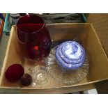 Box containing Rington's lidded pots, coloured glass vases, commemorative mug and cake platter