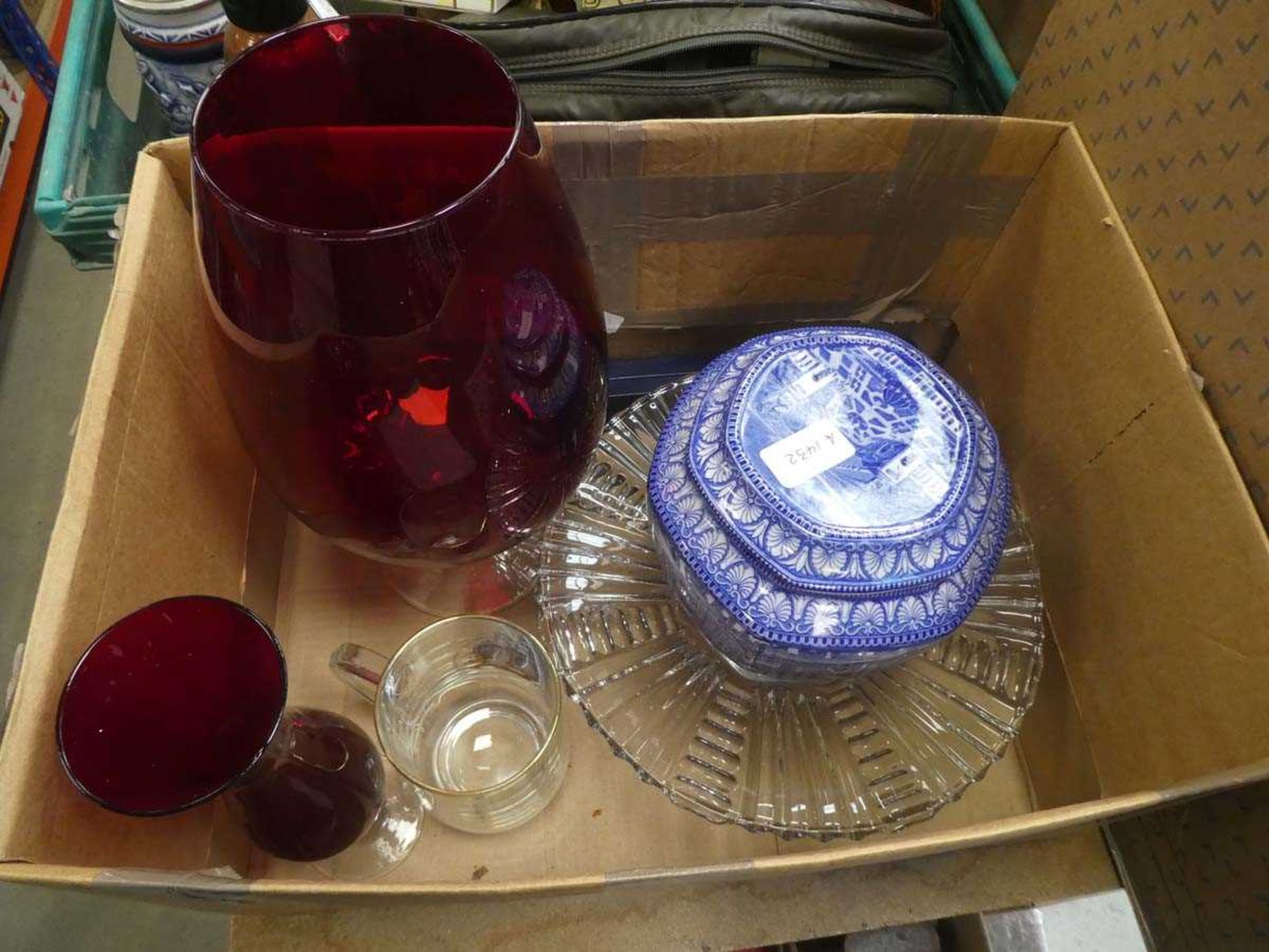 Box containing Rington's lidded pots, coloured glass vases, commemorative mug and cake platter