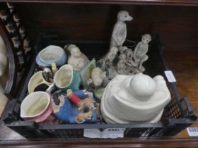 Box containing a figure of Buddha, miniature Toby jugs, meerkats and other figures