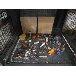 Cage containing painted lead farmyard animals and soldiers