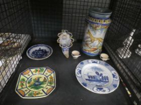 Cage containing Delpht plate, Quimper dish, novelty boot,, Faience vase