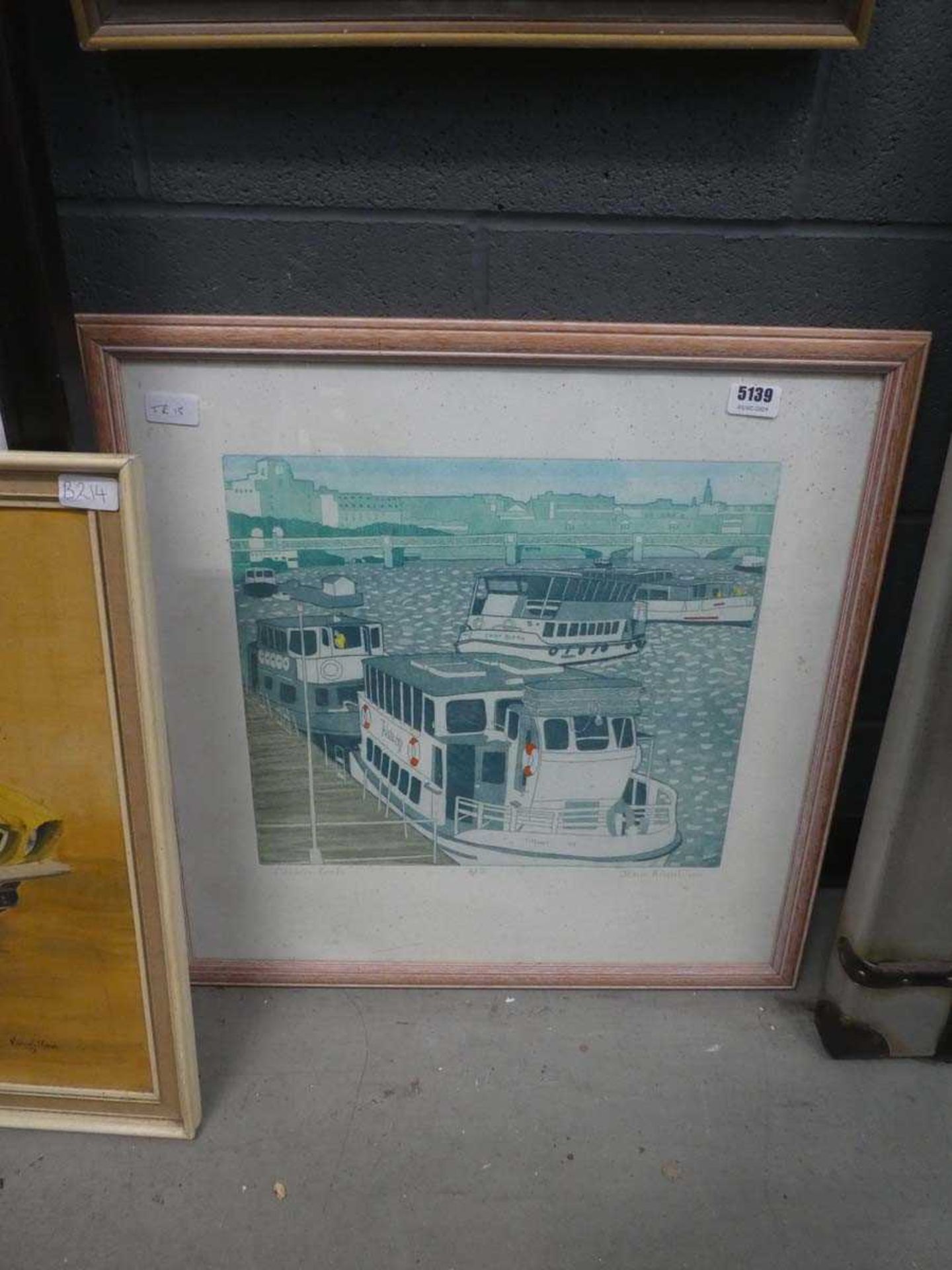 Limited edition etching by John Brunsdon of boats at dock