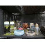Cage containing coloured wine glasses plus vases, baskets and Poole pottery Damage to one bowl (