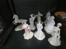 Cage with collection of Coalport lady figures plus and prancing horse