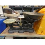 Set of kitchen scales plus burner and frying pan