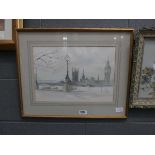 London watercolour of the Thames and Big Ben