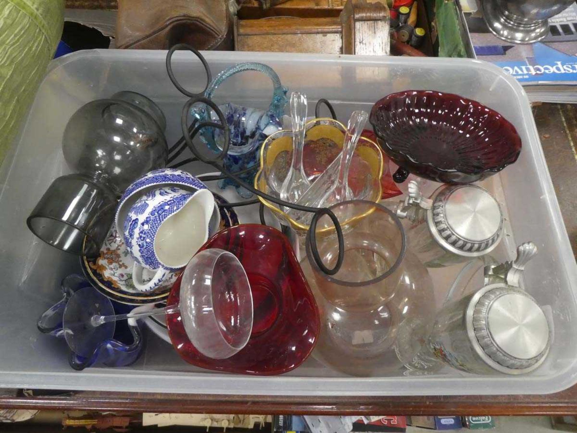 Box containing blue and white floral patterned crockery plus selection of beer steins and glassware - Image 2 of 2