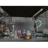 +VAT Cage containing carnival glass figures plus scent bottles and dishes