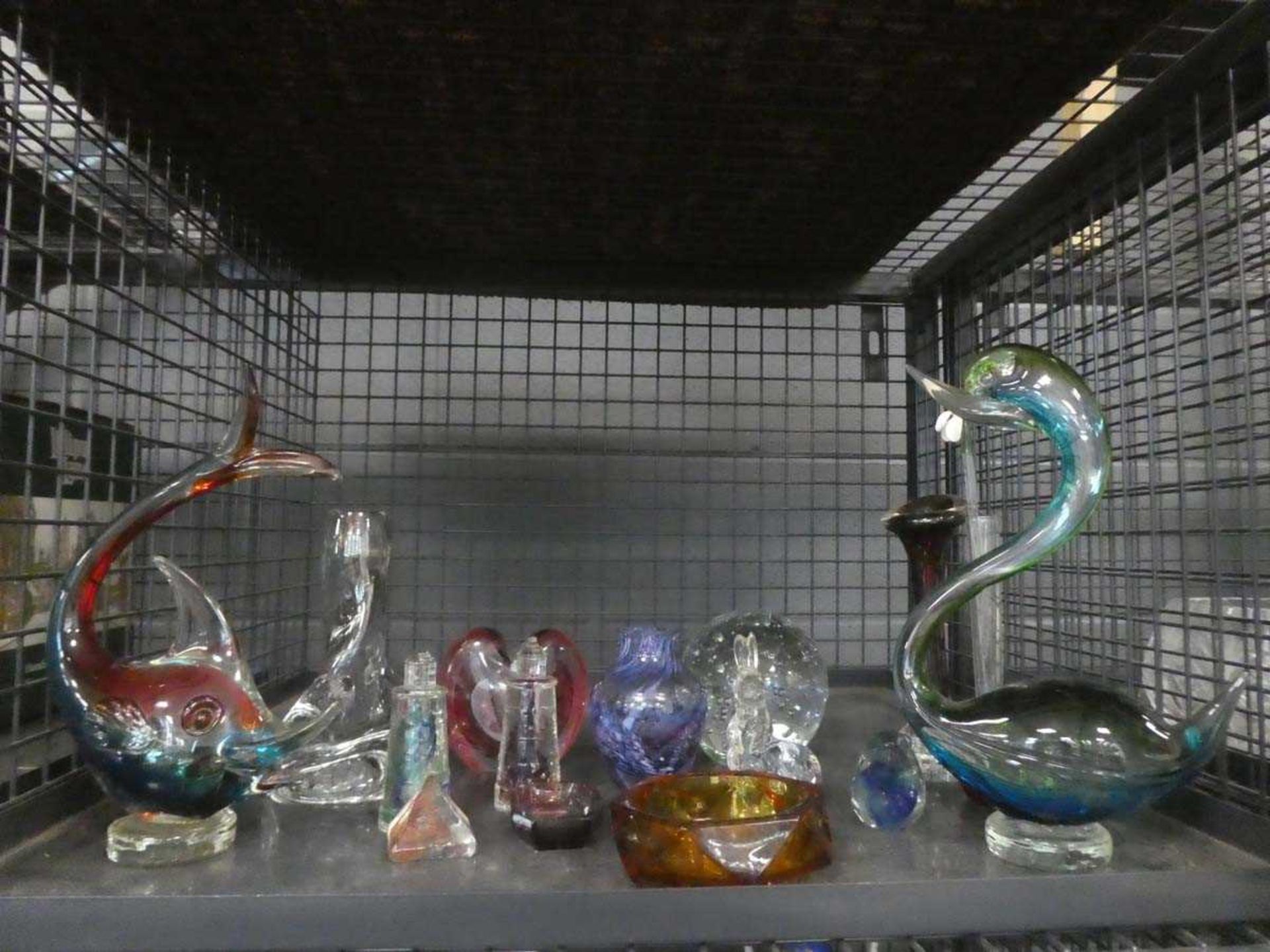 +VAT Cage containing carnival glass figures plus scent bottles and dishes