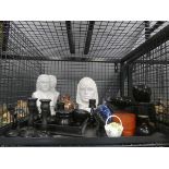 Cage containing busts plus ebony treen inc. candlesticks and a dressing table tidy