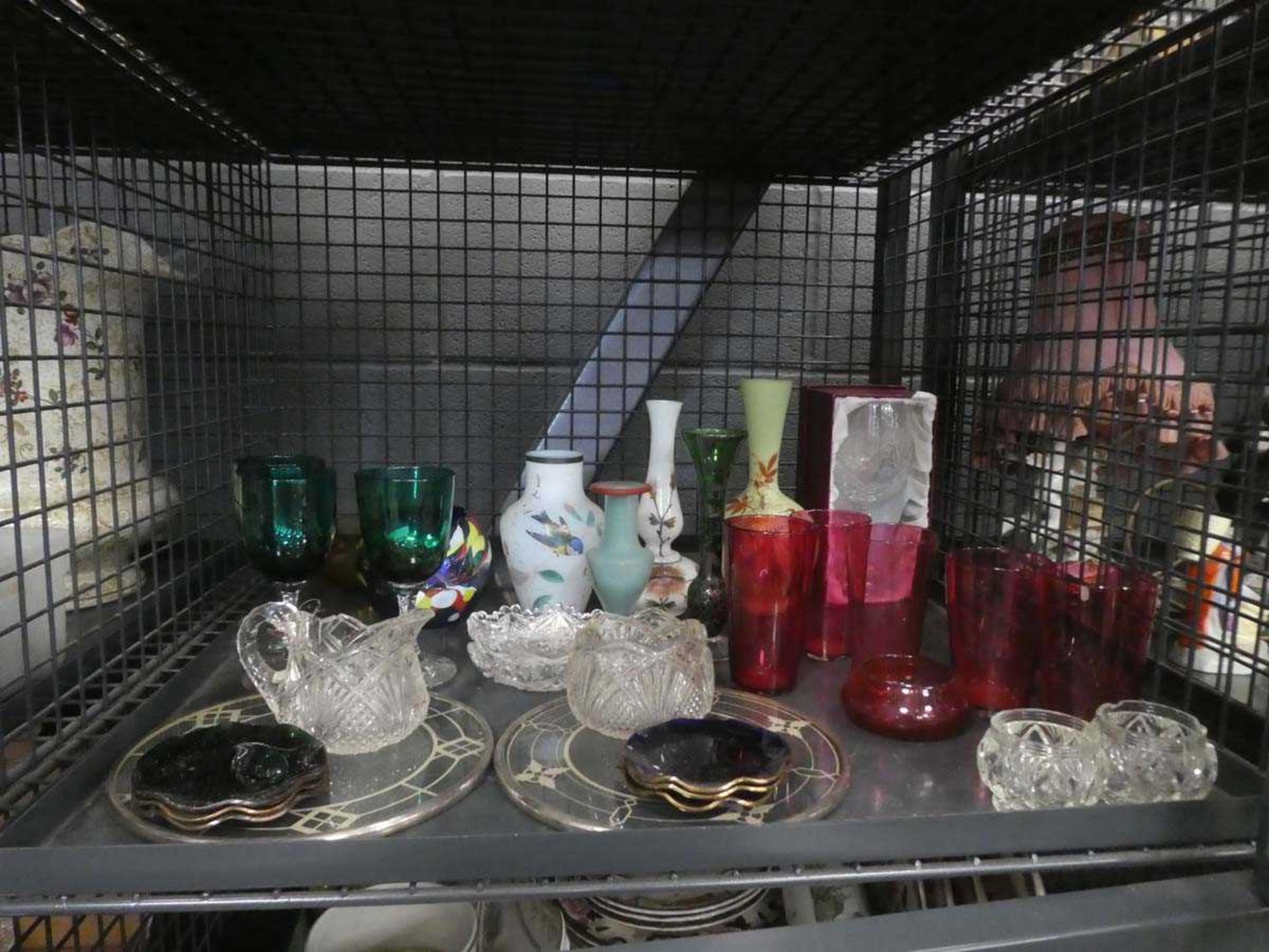 Cage of coloured glass tumblers, painted glass vases, trays and dishes