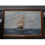 Modern oil on canvas of sailing ship at sea