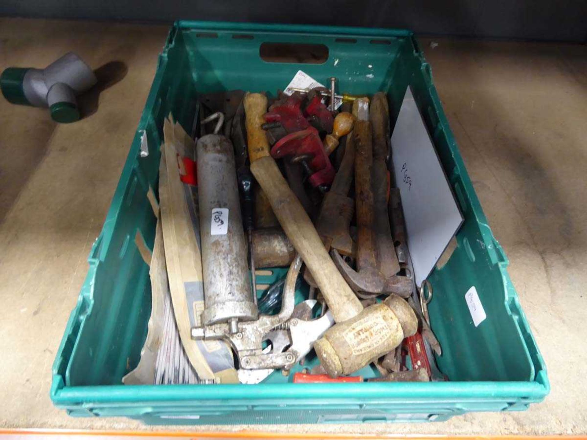 Quantity of tools inc. hammers, stihlsons, grease gun, welding rods etc