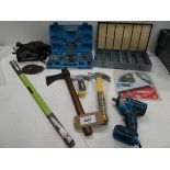+VAT Puller set, circular saw, bow saw blades, Impact drill body, hammers, axe etc