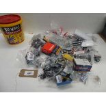 +VAT Tub of Big wipes, screws, nails, washers, bolts, nuts and assorted fixings