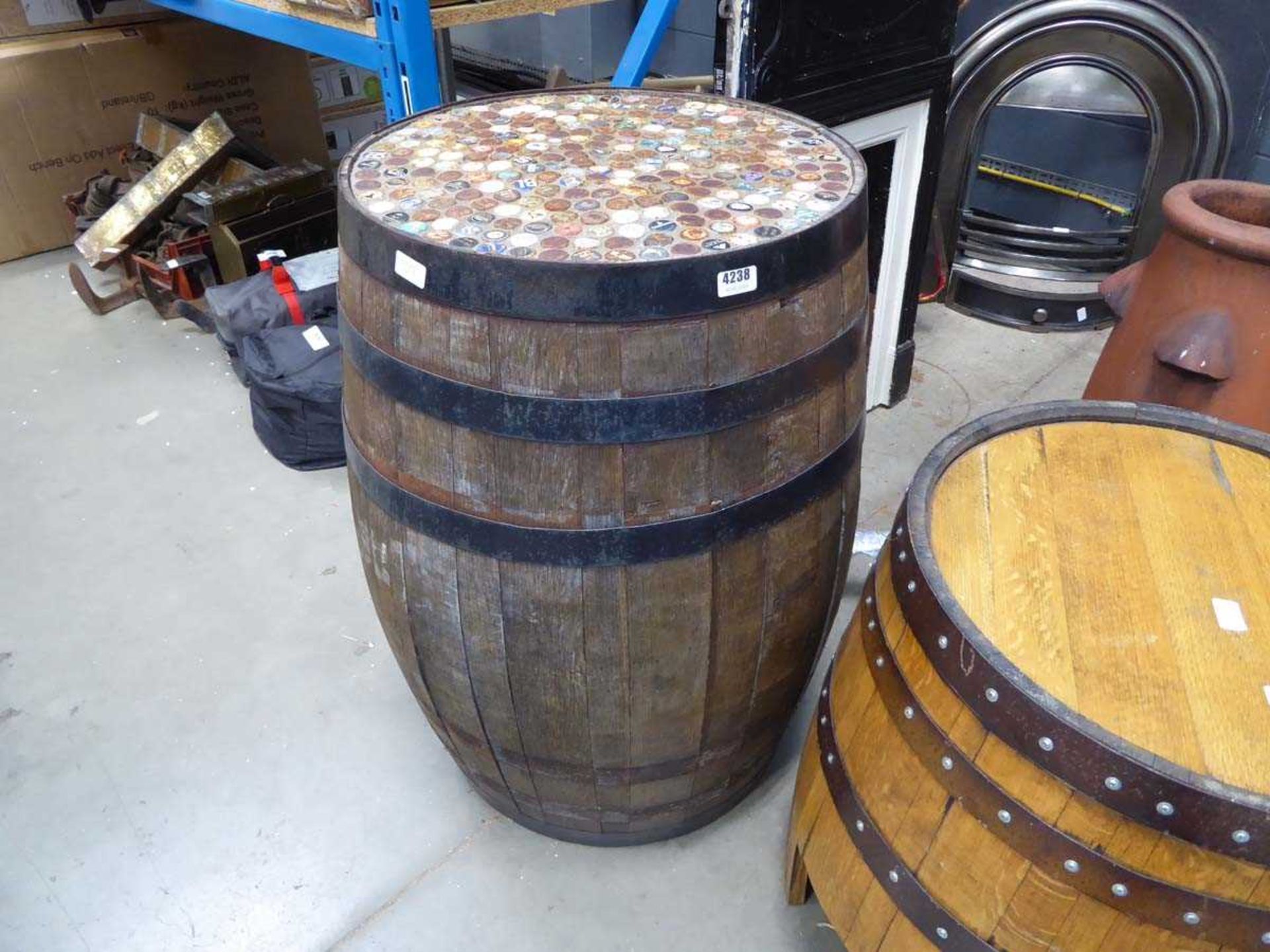 Large beer barrel table with bottle top lid