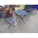 Small round metal fold up garden table with 2 matching chairs
