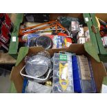 1 large and 1 small boxes containing assorted items inc. fixings, clips, tools, saw, small fan, etc