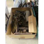 Box containing brassware to include trays, ewer, ornamental cannon, rocking chair and a shoe last