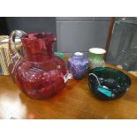 Cranberry glass jug, Chinese wine glass, Bristol green bowl and two ceramic and glass vases (five in